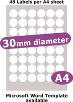 Minilabel 30mm Diameter Round, 240 Labels, Matt Paper, 5 A4 Sheets, Laser Copier Inkjet Stickers