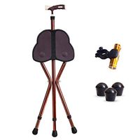 Three Legged Seat Stick Disability Medical Aid Folding Lightweight Aluminium Height Adjustable with Seat Non-Slip for Elderly Massage,Brown