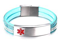 JF.JEWELRY Free Engraving Medical Alert ID Bracelet for Women with 2-Layers Velvet & Rhinestone Link 7.5",Lake Blue