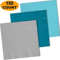150 Lunch Napkins, Shimmering Silver, Turquoise, Island Blue - 50 Each Color. 2 Ply Paper Dinner Napkins. 6.5" folded, 13.5" unfolded.