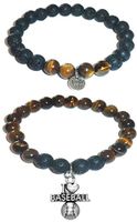Hidden Hollow Beads Charm Tigers Eye and Black Lava Natural Stone Women's Yoga Beaded Stretch Bracelet Set. Comes in A Gift Box! (I Love Baseball)