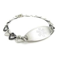My Identity Doctor - Women's Custom Engraved Medical Alert Bracelet - 1cm Steel Black Hearts - White - Wrist Size 6.25 Inch