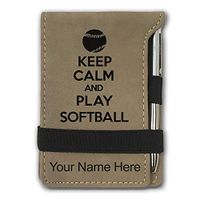 Mini Notepad, Keep Calm and Play Softball, Personalized Engraving Included (Light Brown)