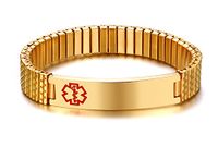 Free Engraving- Men's Stylish Gold Plated Stainless Steel Stretch Medical Alert ID Bracelets for Men Boy