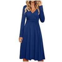 WENOVL Summer Dresses for Women,Women's Long Sleeve V-Neck Wrap Waist Casual Fashion Midi Dress Blue