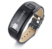 VNOX SEIZURES Medical Bracelet Wide Genuine Leather Stainless Steel ID Tag Adjustable Wristband for Men