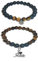 Hidden Hollow Beads Charm Tigers Eye and Black Lava Natural Stone Women's Yoga Beaded Stretch Bracelet Set. Comes in A Gift Box! (I Love Music)