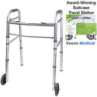 Vaunn Medical Two Button Folding Walker with Wheels, Adjustable Height and Detachable Legs