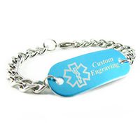 My Identity Doctor - Custom Engraved Medical ID Bracelet - Aluminum, Steel Curb Chain - Blue - Wrist Size 5 Inch