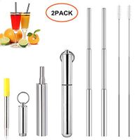 Telescopic Reuable Straws, 2Pack Stainless Steel Metal Straws Set, Portable with Hard Case Holder and Cleaning Brush, for Household Party Travel Outdoor