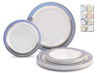 " OCCASIONS" 240 Plates Pack,(120 Guests) Heavyweight Premium Disposable Plastic Plates Set -120 x 10.5'' Dinner + 120 x 7.5'' Salad/Dessert (Louvre Blue/Gold)