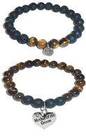 Hidden Hollow Beads Charm Tigers Eye and Black Lava Natural Stone Women's Yoga Beaded Stretch Bracelet Set. Comes in A Gift Box! (Mother of The Groom)