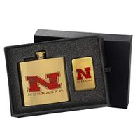 Nebraska Camoflauge - Gold Lighter and Pocket Hip Liquor Flask Survival Camping Gift Box Set