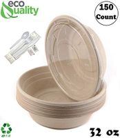 150 Count - 32oz Round Disposable Bowls with Lids and Cutlery - Natural Sugarcane Bagasse Bamboo Fibers Sturdy Compostable Eco Friendly Environmental Paper Plastic Bowl Alternative - Fork,Spoon,Knife