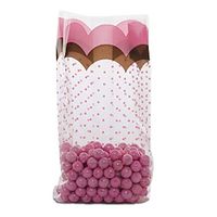 Flounce Scallop Pink & Brown Polka Dot Medium Cello Treat Food Snack Bags (100)