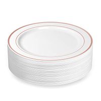 50 Large Plastic Disposable Dinner Plates | 10.25 inches White with Rose Gold Rim Real China Look | Ideal for Weddings, Parties, Catering – Heavy Duty & Non-Toxic (50-Pack) by BloominGoods