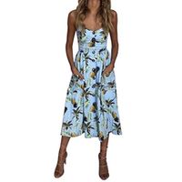 Summer Spaghetti Strap Dresses, Womens Sleeveless Boho Floral Buttons Swing Sundress Spaghetti Strap Beach Dresses (M, Pink) (XL, Blue)