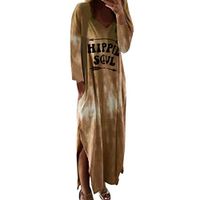 Women's Dress Long Sleeve Letter Printed Casual Maxi Dresses Crewneck Beach Tops Blouse with Pocket