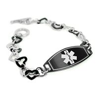 My Identity Doctor Custom Medical Alert Bracelet with Free Engraving - 1cm Steel Black Hearts - White & Black - Wrist Size 7.5 Inch