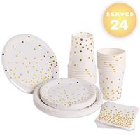 96 Piece White and Gold Party Supplies for 24 Guests | Paper Disposable Dinnerware Set | Tableware Set - Gold Dots Dinner Plates,Dessert Plates,9oz Cups,Napkins | Wedding Bridal Baby Shower Birthday