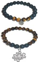 Hidden Hollow Beads Charm Tigers Eye and Black Lava Natural Stone Women's Yoga Beaded Stretch Bracelet Set. Comes in A Gift Box! (Autism)