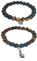 Hidden Hollow Beads Charm Tigers Eye and Black Lava Natural Stone Women's Yoga Beaded Stretch Bracelet Set. Comes in A Gift Box! (Cat Charm)