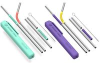 Asobu Reusable Metal and Silicone Straw with Cleaning Brush and Case (Mint coral/purple yellow)
