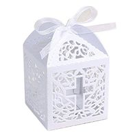 UEETEK 50pcs Hollow Cross Style Wedding Favor Candy Boxes Gift Boxes with Ribbons (White)