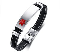 MPRAINBOW MP Stainless Steel Customization Personalized Medical Alert ID Genuine Leather Cuff Bracelet,Free Engraved