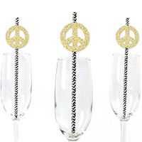Gold Glitter Peace Sign Party Straws - No-Mess Real Gold Glitter Cut-Outs and Decorative 60's Hippie Groovy Party Paper Straws - Set of 24