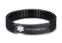 VNOX Black Stainless Steel Medical Aert ID Type 2 Diabetes Watch Band Strentch Bracelet for Women Girl,7"-7.2"