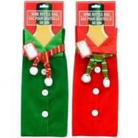 Jolly Elf Christmas House Fabric Scarf Wine Bottle Gift Bags - Set of 2