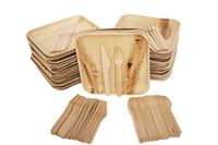 Eco Only Disposable party pack of 150 | Eco-friendly Palm Leaf Plates with Cutlery | 50 Disposable 8" Square Palm Leaf Plates, 50 Wood Forks, 50 Wood Knives Heavy Duty Biodegradable Party Utensils