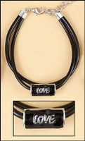 Black Bonded Leather Bracelet Adjustable to Any Size with Anodized Silver and Porcelain Slide Love Centerpiece