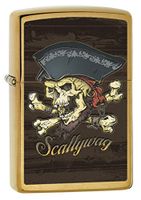 Zippo Lighter: Scallywag, Pirate Skull - Brushed Brass 77823