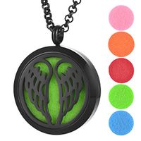 Garden Charms Aromatherapy Essential Oil Diffuser Necklace Perfume Stainless Steel Magnetic Angel Wing Round Locket Pendant Jewelry for Women 5 Felt Pads-Black (Wing)