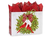 Vogue Christmas Plaid Cardinal Paper Bags 16x6x12" (50 Bags)