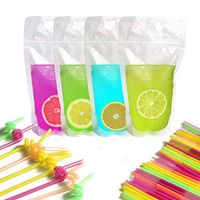 Beverage Containers for Parties, 50 PCS Clear Containers Disposable Drink Pouches Ziplock Juice Smoothie Coffee Biscuits Nut Pouches with 50 Straws