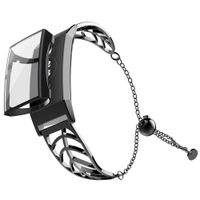 UMTELE Band Compatible with Fitbit Charge 3 Leaf Shape Stainless Steel Bracelet Women Replacement Band with Full Cover Screen Protector Case for Fitbit Charge 3 & Charge 3 SE (Black)