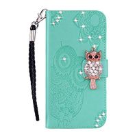 Cfrau Diamond Kickstand Case with Black Stylus for Samsung Galaxy A60,Luxury Embossed Crystal 3D Owl Flower Bling Glitter Wallet PU Leather Shockproof Soft TPU Wrist String Case - Mint Green