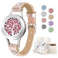 Aromatherapy Essential Oil Diffuser Bracelet Jewelry for Women Ease Anxiety, 316L Stainless Steel Locket Leather Band Bracelet Birthday Gifts for Women with 8 Color Refill Cotton Pads, Tree (Gold)