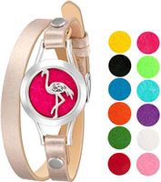 mEssentials Flamingo Essential Oil Diffuser Bracelet, Stainless Steel Aromatherapy Locket, Leather Band with 12 Color Pads, Womens Jewelry Gift Set