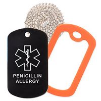 Penicillin Allergy Medical Alert ID Necklace with Black Tag, Orange Silencer, and 30'' USA Chain - 154 Color Choices