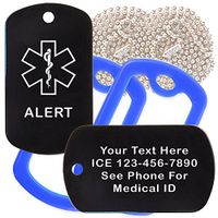 Custom 2 Pack - Alert Medical Alert ID Necklaces with Black Custom Tags, Blue Silencers, and 30'' USA Chains