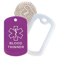 Blood Thinner Medical Alert ID Necklace with Purple Tag, White Silencer, and 30'' USA Chain - 154 Color Choices