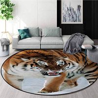 RUGSMAT Tiger Art Deco Pattern Non-Slip Washable Round Area Rug,Close-Up of Panthera Tigris Altaica Siberian Giant Feline Russian Predator Foam Mat Living Room Decor,Round-59 Inch Pale Brown Black