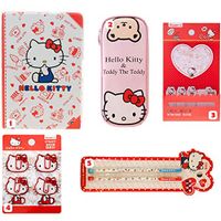 Sanrio Japan Hello Kitty Merchandise Stationary Gift Set for her : 5 Items include Icon Paper Clip, Post Note, Adorable Pencil Pouch, Cute Notebook and Pen Set (Red Version)