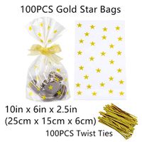 Gold Star Clear Cello Candy Favor Bags,Cellophane Cookie Treat Plastic Bags,with Gold Twist Ties, Pack of 100
