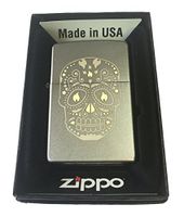 Zippo Custom Lighter - Sugar Skull w/Flame Eyes Design Satin Chrome