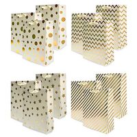 UNIQOOO 12Pcs Premium Assorted Gold Foil Metallic Gift Bags Bulk,100%Recyclable Heavy Duty, Ribbon Handle, For Gift Wrapping,Easter Stuffer, Wedding Birthday Party Favor Paper Bag,Large12.5X10.5X4Inch